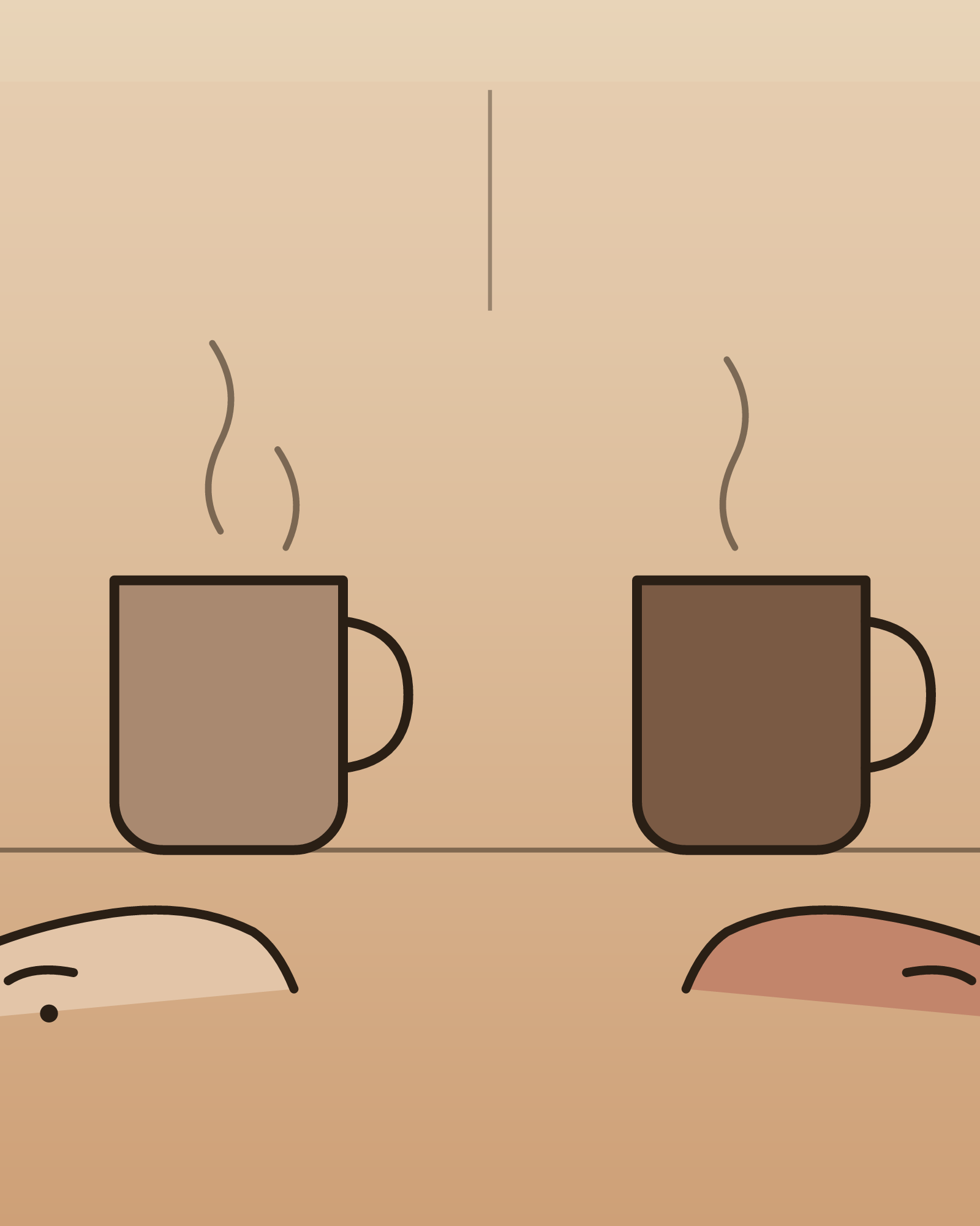 Flat vector illustration of two steaming mugs on a table, one lighter and one darker brown, with two cartoon faces peeking up from the bottom edge. Warm beige background, minimal linework style.